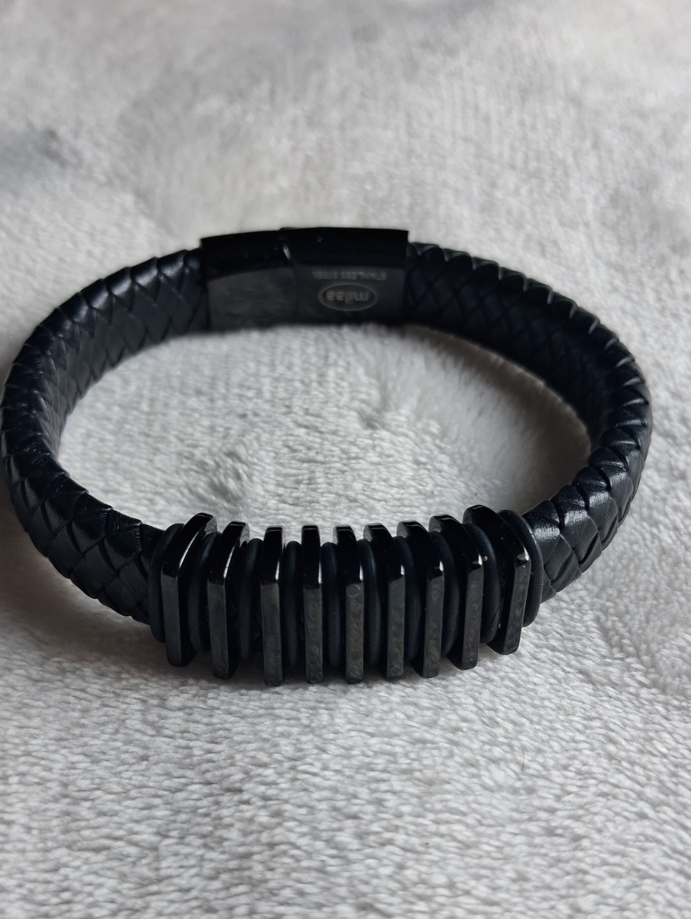 Men's Black Braided Leather Bracelet with Matte Black Accents